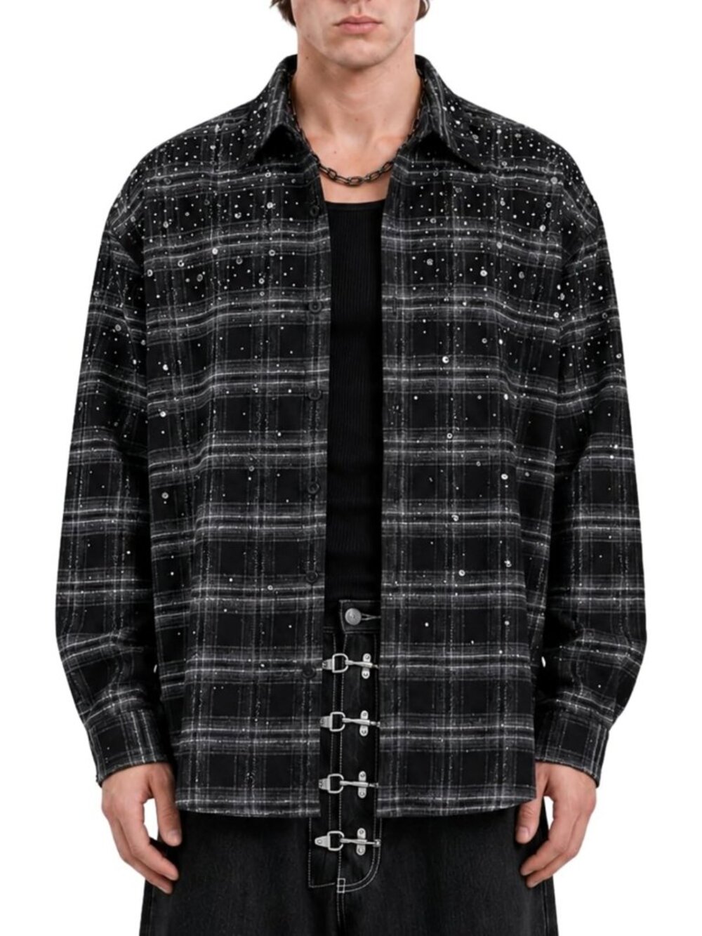 Stylish Men's Long Sleeve Plaid Shirt with Rhinestones | Loose Fit Button Down